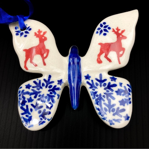 Other - Polish Pottery Butterfly Holiday Christmas Ornament Prancing Reindeer Snowflakes